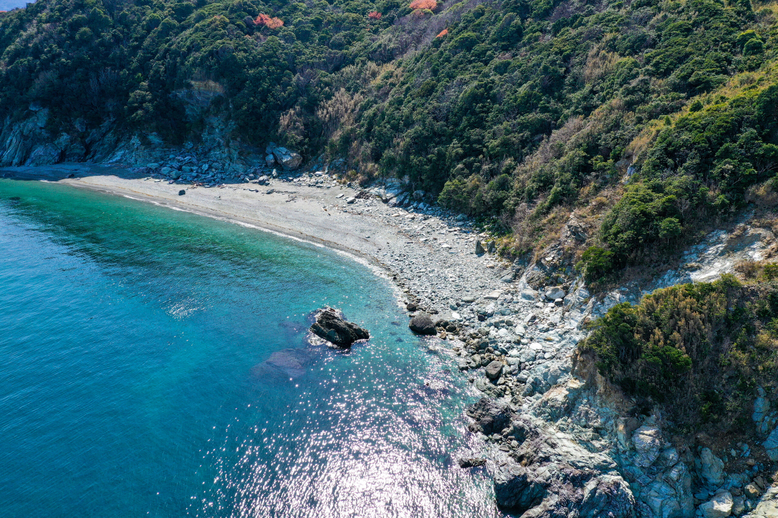 緑の山と青い海が織りなす、隠れ家のような浜。
